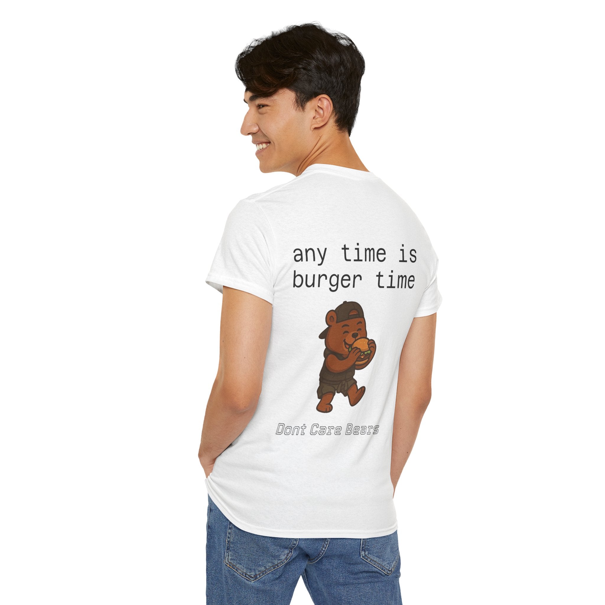 Don’t Care Bears – “Any Time Is Burger Time” Unisex T-Shirt, Funny Cotton Tee for Food Lovers